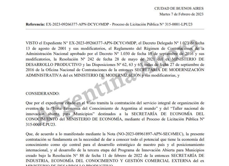 Fue la Secretaría de Economía del Conocimiento, oficina que tiene a cargo el ex intendente de Escobar, Ariel Sujarchuk, quien ordenó iniciar la compulsa para realizar una feria en la ciudad de Buenos Aires.