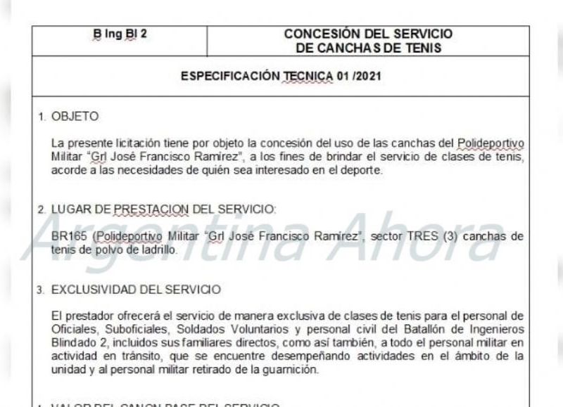 Insólitamente el Ejército Argentino licitó la concesión de tres canchas de tenis de polvo de ladrillo que serán utilizadas por los funcionarios y sus familiares en Entre Ríos.