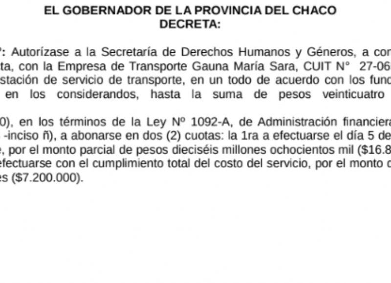 Según decreto número 2326/22, se dispuso el pago a un proveedor de Estado por el monto de 24.000.000 pesos, todo ello para llevar a aproximadamente 650 personas al Congreso de la Mujer y del LGTB a la provincia de San Luis.