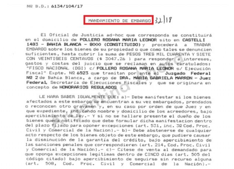 El mandamiento de embargo para Pollero.