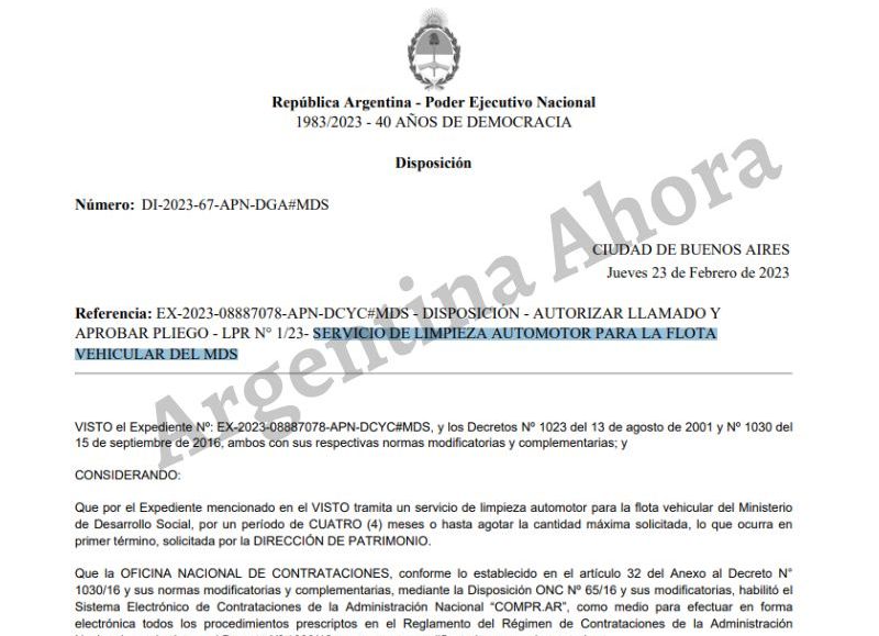 El pliego de la Licitación Privada firmado por Victoria Tolosa paz.