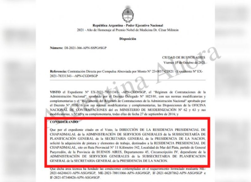 La autorización del pliego para la compra de materiales para remodelar la residencia.