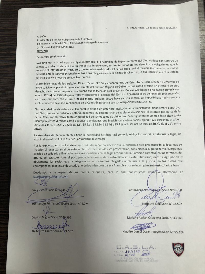 La agrupación sanlorencista “La 13 de agosto”, envió un pedido para intervenir el club.