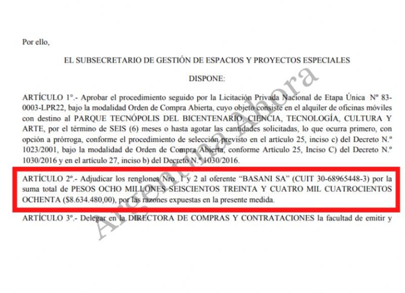 También se alquilaron oficinas móviles por $8.634.480, y salió adjudicada la empresa Basani S.A.