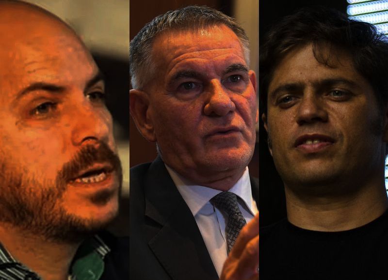 El genuflexo camporista Fabián "Conu" Rodríguez, el administrador Carlos Castagneto de la AFIP y el gobernador bonaerense Axel Kicillof.