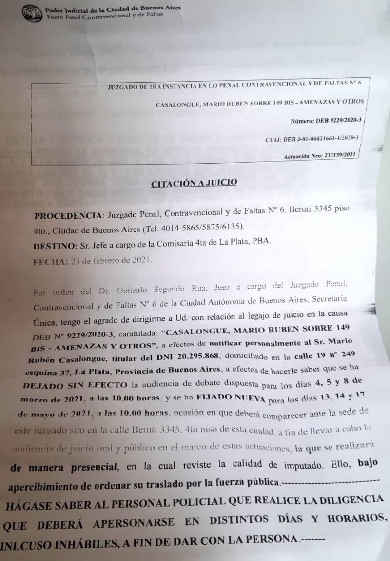 El juicio está establecido los dias Jueves 13, viernes 14 y lunes 17 de mayo.