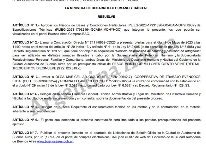 El pliego firmado por la ministra de Desarrollo Humano y Hábitat, María Migliore.