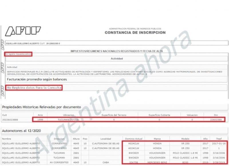 La AFIP, la propiedad y los autos de Squillari.