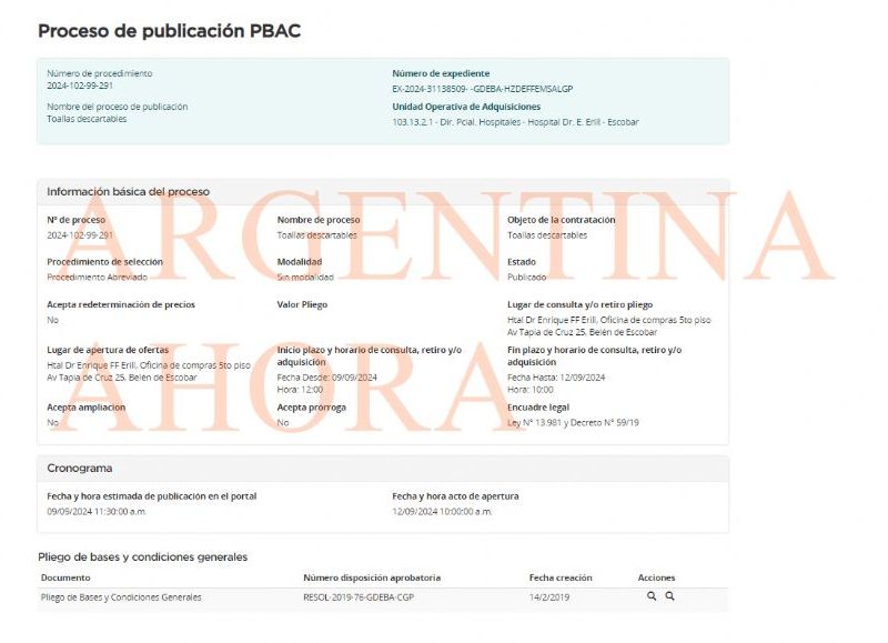 En esta ocasión, el gobierno provincial va a realizar una compra de Toallas descartables.