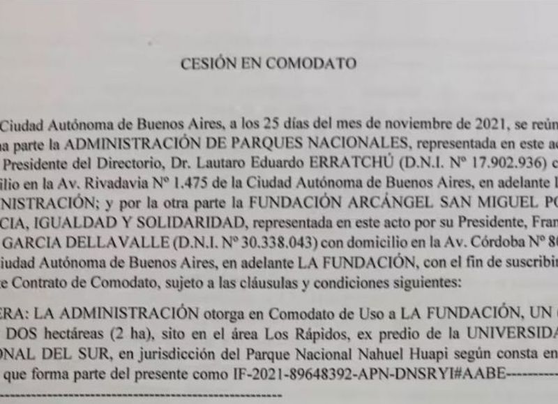El contrato de comodato firmado por la administración de Alberto Fernández.