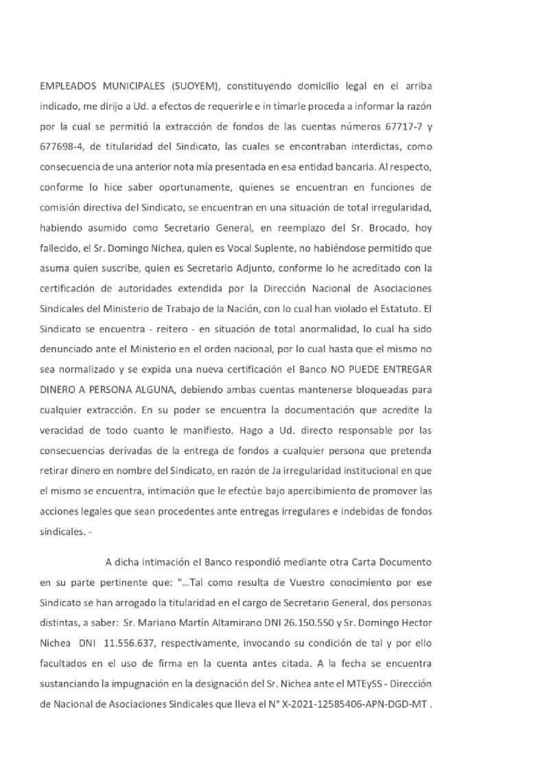 Notificaron la violación a la Ley de Asociaciones Sindicales.