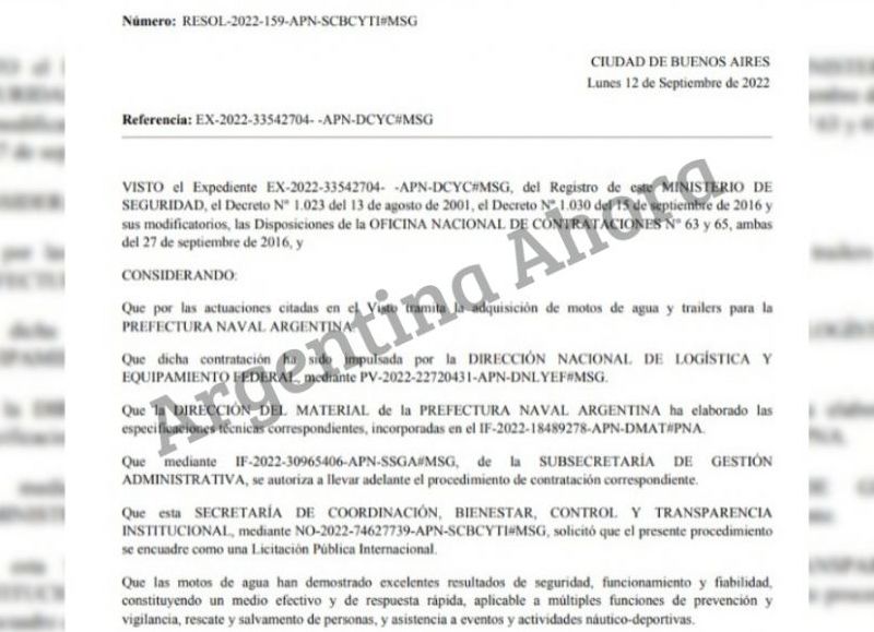 A través de una Licitación Pública bajo el expediente EX-2022-33542704, el organismo que comanda Aníbal Fernández solicitó la adquisición de 20 trailers y 60 motos de agua.