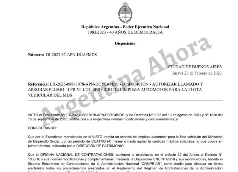 El pliego licitatorio de la compulsa realizada por el Gobierno nacional.