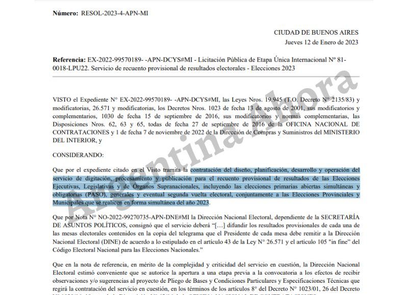 La licitación fue publicada recientemente en el sitio de compras del Estado y firmada por el Ministerio del Interior, a cargo de Eduardo “Wado” de Pedro.