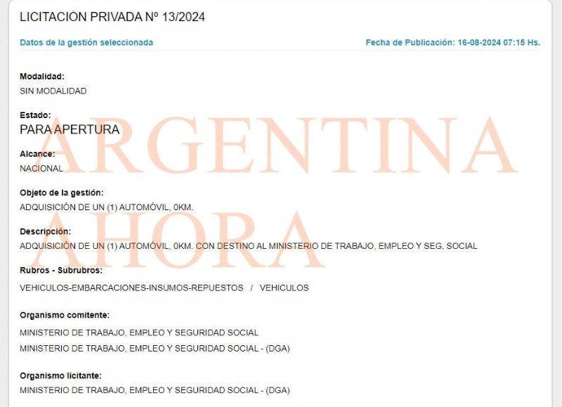 La compra la realizó bajo el Rubro- Subrubro de Vehiculos-Embarcaciones-Insumos-Repuestos. (Foto: ArgentinaAhora)