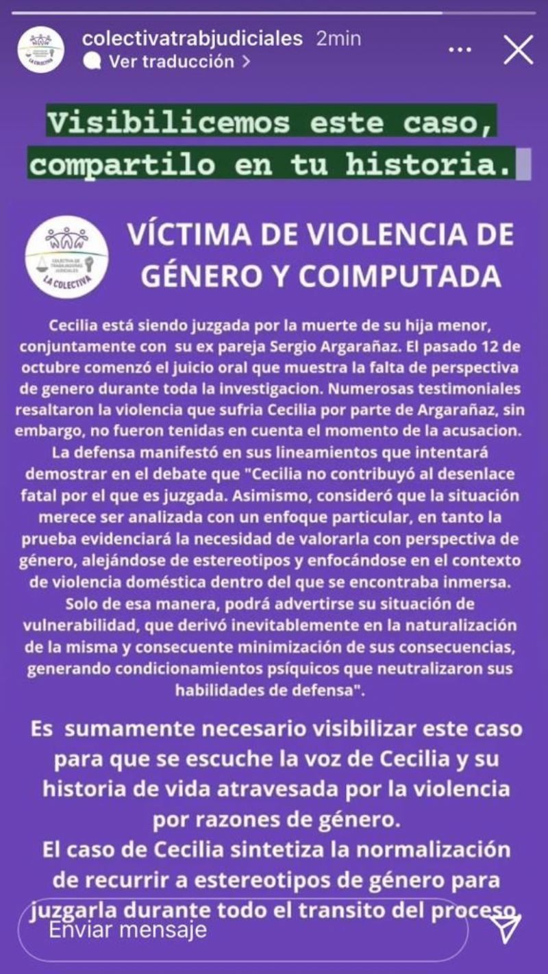 El grupo feminista denuncia de manera insólita que: “En la causa no hay perspectiva de género y agregan que la violencia de género que sufrió Cabrera neutralizó sus habilidades de defensa”.