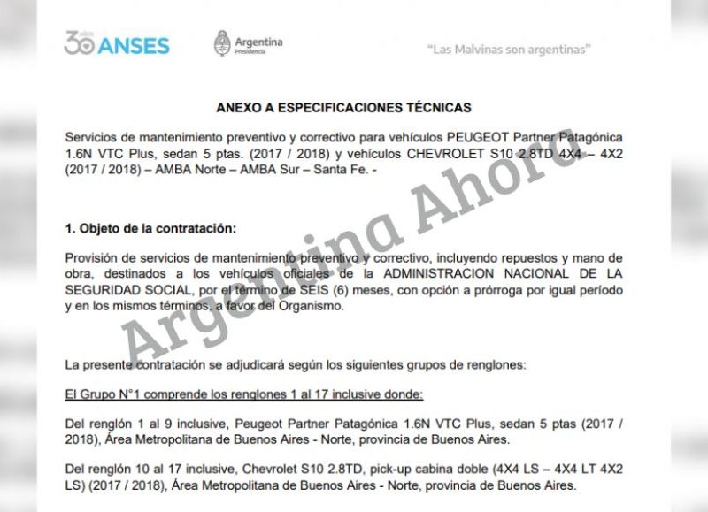 El anexo técnico de la licitación millonaria para el mantenimiento de los vehículos oficiales del organismo dirigido por Fernanda Raverta.