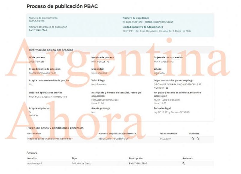En esta nueva licitación, con el número de proceso 2023-7-99-268, va a comprar pan y galletitas, por dos millones. (Foto: Argentina Ahora)