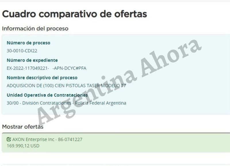 La firma que proveerá las pistolas es AXON Enterprise Inc, a la que se le pagarán U$S 169.990.