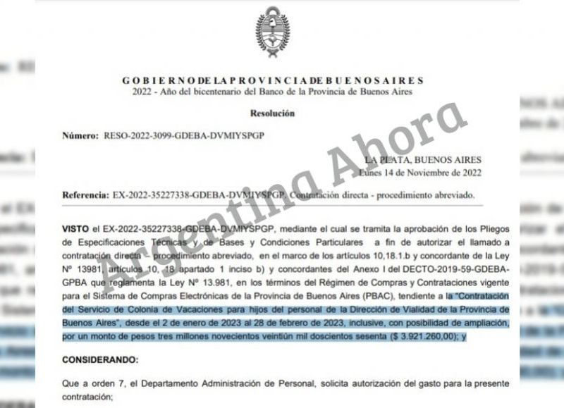 El pliego licitatorio que presentó Vialidad bonaerense.