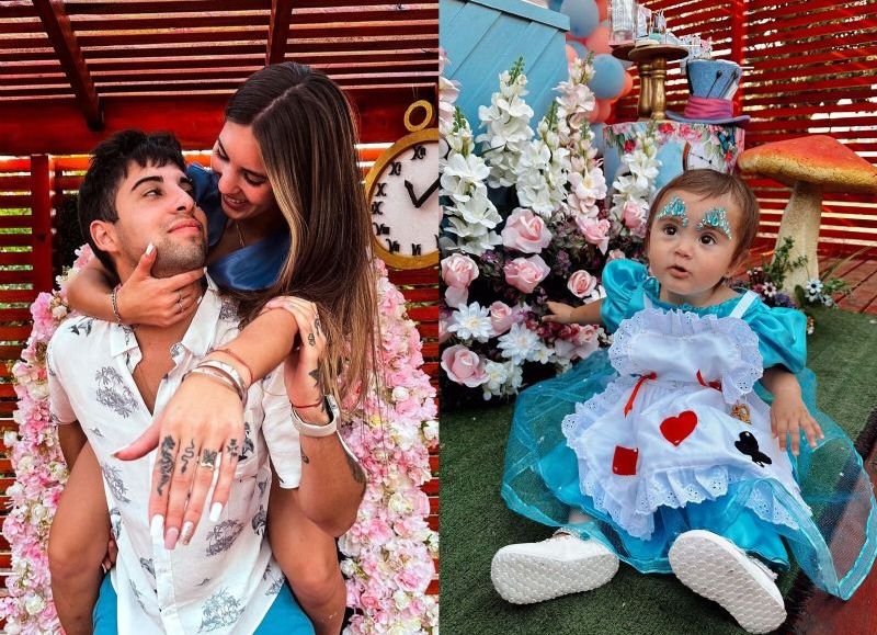 De un lado, la pareja felizmente comprometida de Amiel Giménez y Antonella Verna, del otro Alice Giménez Verna que cumplió su primer año.