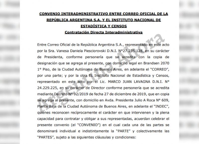 El documento fue firmado por el titular del Instituto, Marco Lavagna, y la presidenta del Correo, Vanesa Daniela Piesciorovski.