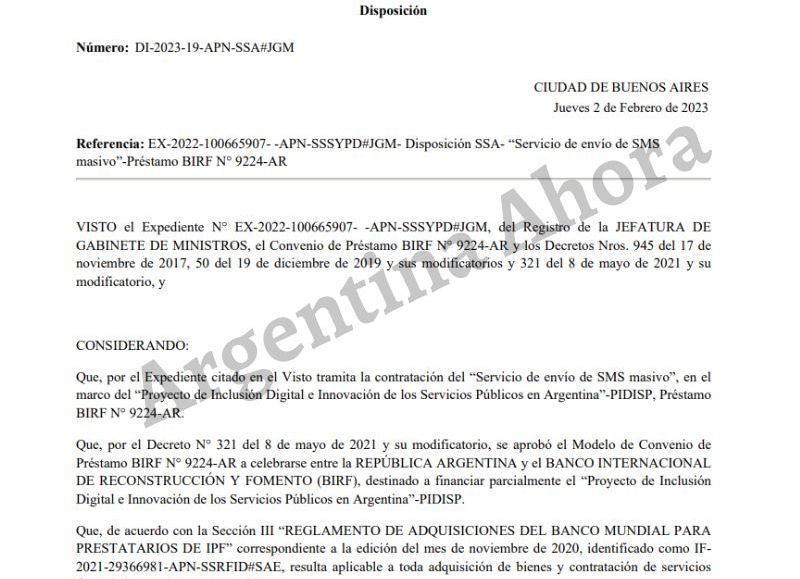 El pliego licitatorio lleva la firma de la Jefatura de Gabinete de Ministros.