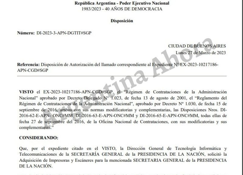 El pliego licitatorio firmado por el gobierno para la compra millonaria.