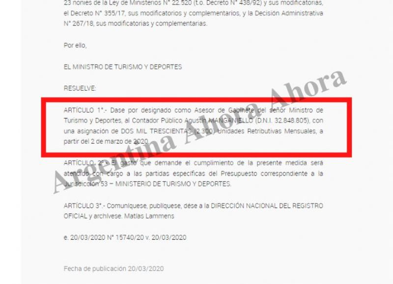 Agustín Manganiello, asesor de Gabinete del ministro de Turismo y Deportes, es proveedora del Estado, a pesar de ser ilegal.
