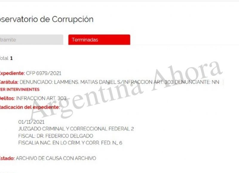Juzgado Criminal y Correccional Federal 2 archivó la causa contra Matías Lammens.