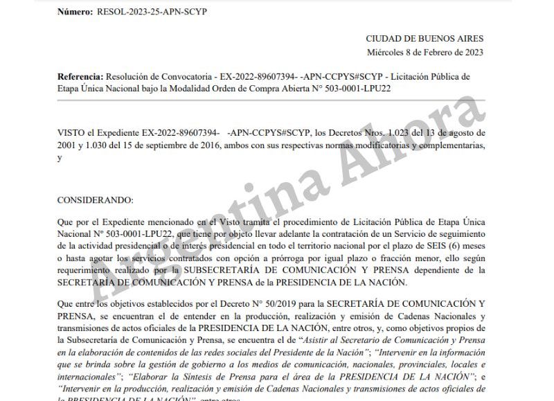 El pliego licitatorio firmado por la secretaria de Prensa, Gabriela Cerruti.